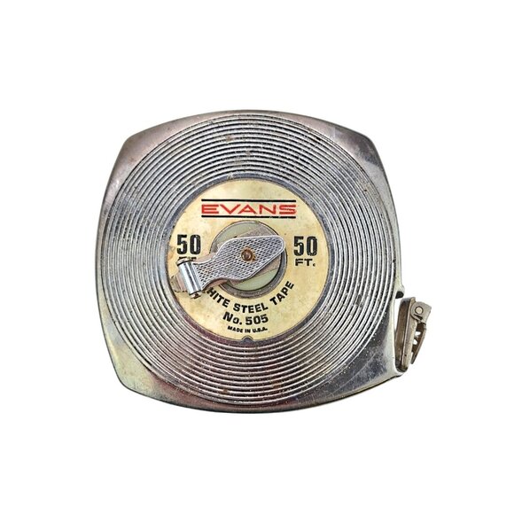 Vintage Evans Tape Measure 50 Ft White Steel 505 Made In USA Wind Up Knob Tool - Picture 2 of 6